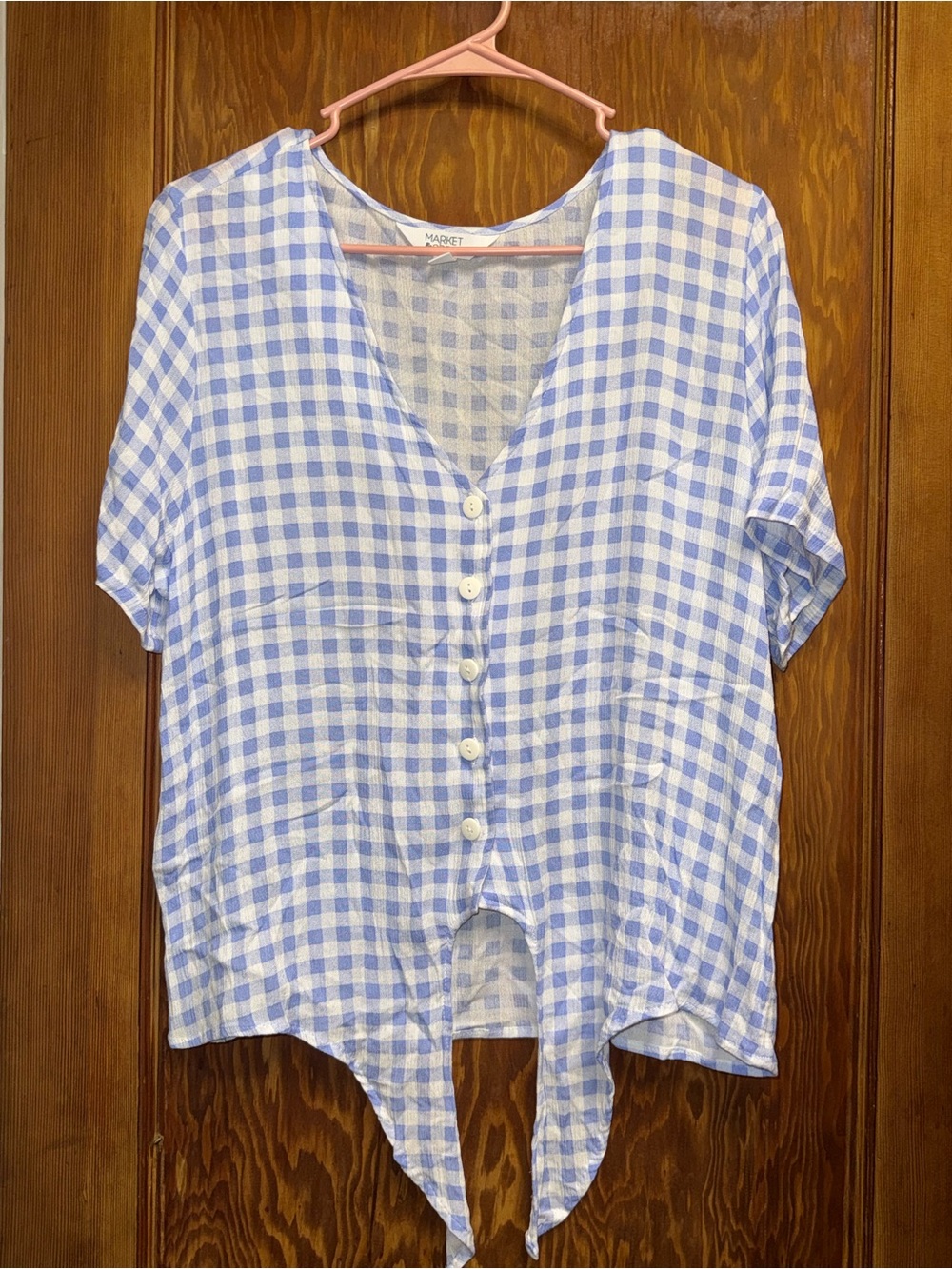 Market & Spruce Light Blue and White Gingham Button-Front Tie-Hem Top Large